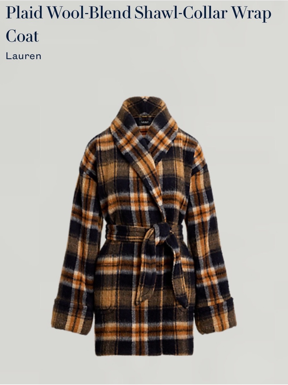 NWT Ralph Lauren Black and Brown Plaid Shawl-Collar Wrap Pea Coat